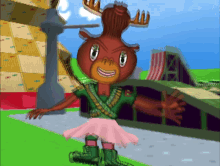 a moose wearing a pink skirt and green boots stands in front of a roller coaster