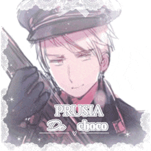 a drawing of a man holding a gun with the words " prusia de choco " on it