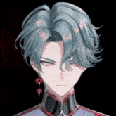 a close up of a person with blue hair and red eyes