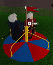 two roblox characters on a merry go round with karton early bloxburger visible