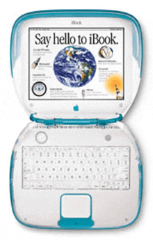 a blue and white ibook with a say hello to ibook advertisement on the screen
