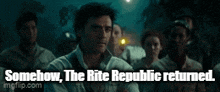 a man stands in front of a crowd with the words somehow the rite republic returned ..