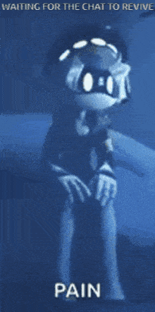 a cartoon character is sitting in a dark room with the words " waiting for the chat to revive pain " above him