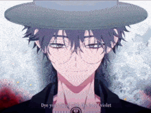 a man with glasses and a hat has the words " dye your mind with the faded violet " above him