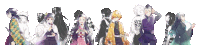 a group of anime characters are standing next to each other on a white background .