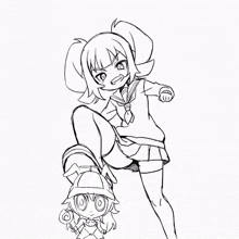 a black and white drawing of a girl kicking a doll