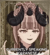 a girl with horns on her head is talking in japanese .