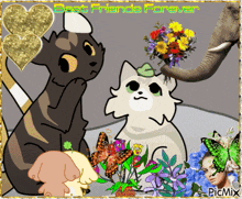 a picture of a cat holding a bouquet of flowers and the words best friends forever