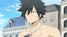 a gray haired anime character with a tattoo on his chest