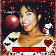 a picture of a woman with snoopy and the words i love vampires