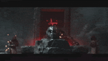 a video game character is sitting on a throne with a helmet that says ' doom ' on it