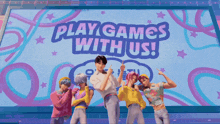 a group of cartoon characters are dancing in front of a sign that says play games with us