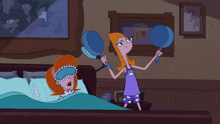 a cartoon of a woman in a sleep mask standing next to a woman in bed