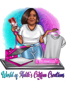 world of malik 's custom creations logo with a woman