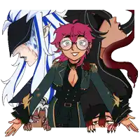 a cartoon character with pink hair and glasses is surrounded by other characters
