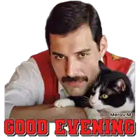 a man with a mustache is holding a cat and says good evening in red letters