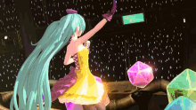 a girl in a yellow dress is dancing in front of a green sign that says ' hatsune miku ' on it