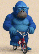 a blue gorilla is riding a red bicycle with the word ron on it