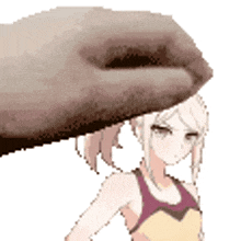a hand is holding a girl 's head in a pixel art style .