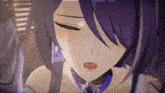 a close up of a girl with purple hair and a choker around her neck