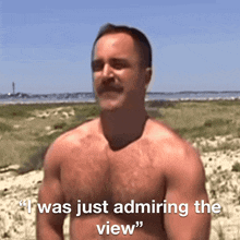 a shirtless man says " i was just admiring the view " while standing on a beach