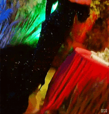 a close up of a person holding a red brush with the word dsg on the bottom