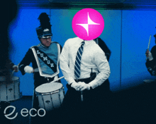 a man in a marching band has a pink circle over his head with a star on it