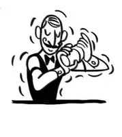 a black and white drawing of a bartender shaking a cocktail