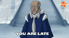 a cartoon character says you are late in front of a staircase