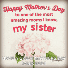 happy mother 's day to one of the most amazing moms i know my sister have a great mother 's day weekend !!
