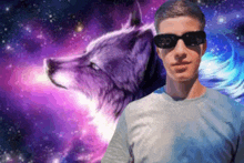 a man wearing sunglasses is standing in front of a purple wolf in space .