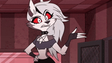 a cartoon character with red eyes and spikes on her collar