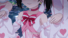 a girl in a pink and white dress with the word anyway on it