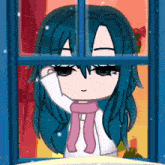 a cartoon girl with blue hair and a pink scarf looks out a window