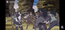 a group of people are standing in a field with crunchyroll written on the bottom of the screen