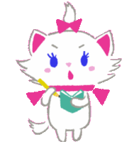 a white cat with a pink bow is holding a book and a pencil and says yes
