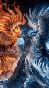 a painting of two birds fighting each other on top of a mountain