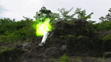 a person in a green and white outfit is standing on a rock with a green light coming out of their leg