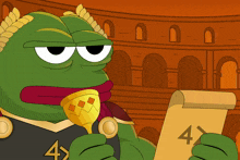 a cartoon of a frog holding a scroll with the number four on it
