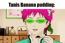 a boy with pink hair and green glasses is eating banana pudding .
