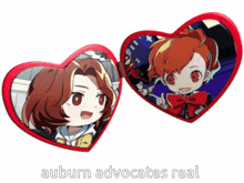 a pair of heart shaped mirrors with the words auburn advocates real written on the bottom