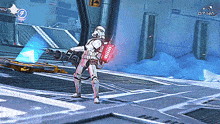 a storm trooper in a video game is holding a red weapon