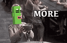a man with a green face is holding a bowl of food in front of a crowd of people .