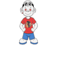 a cartoon character wearing a red shirt with a blackhawks logo