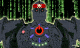a robot with a red hat and skull and crossbones on it 's head