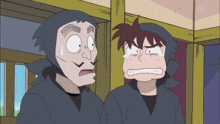 two cartoon characters are standing next to each other and one is making a funny face