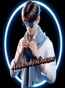 a man wearing sunglasses and a scarf is surrounded by a glowing circle that says assalamu ' alaikum