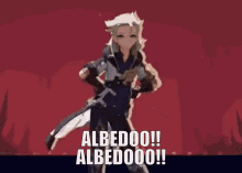 a video game character is standing in front of a red background and says albedoo