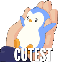a blue and white penguin is being held in someone 's hand with the word cutest written below it