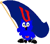 a cartoon owl holding a blue flag with the letter u on it